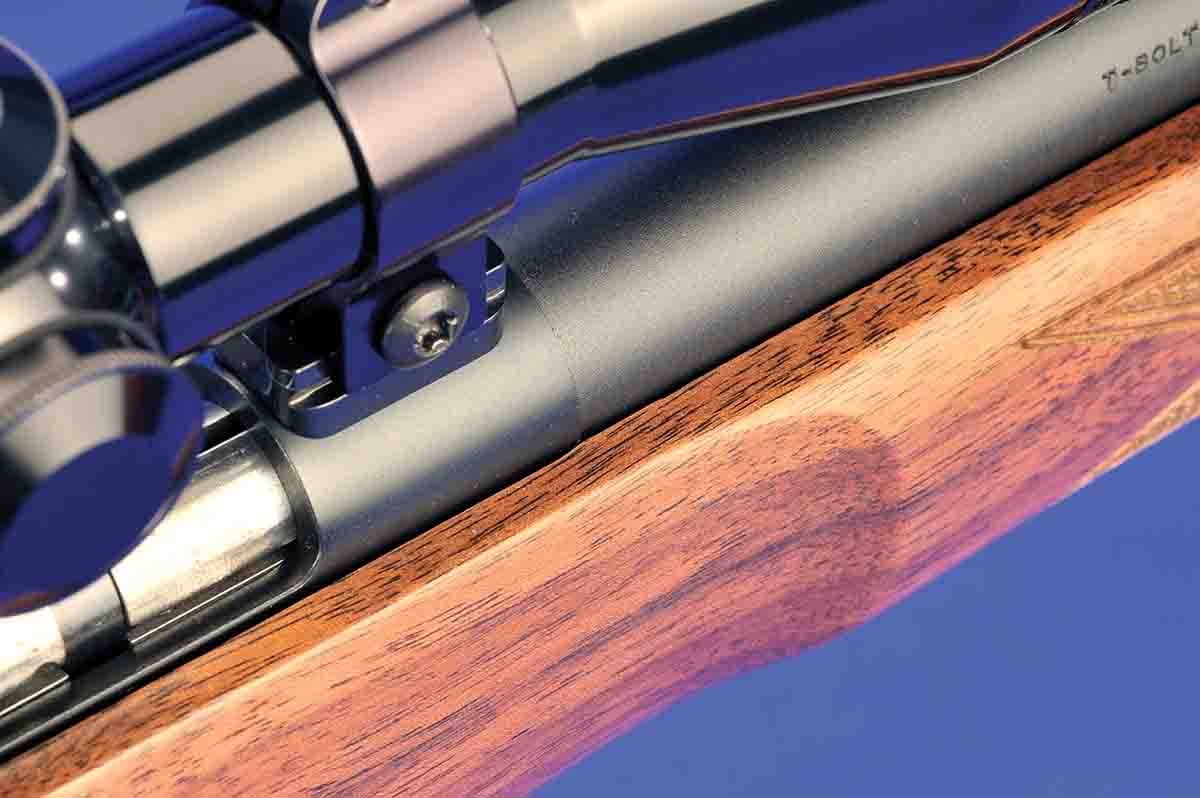 Just forward of the receiver, the stock tapers outward to a full 2 inches for field use. Inletting is straight and true, polishing is first-class and the scope mounts are from Browning.